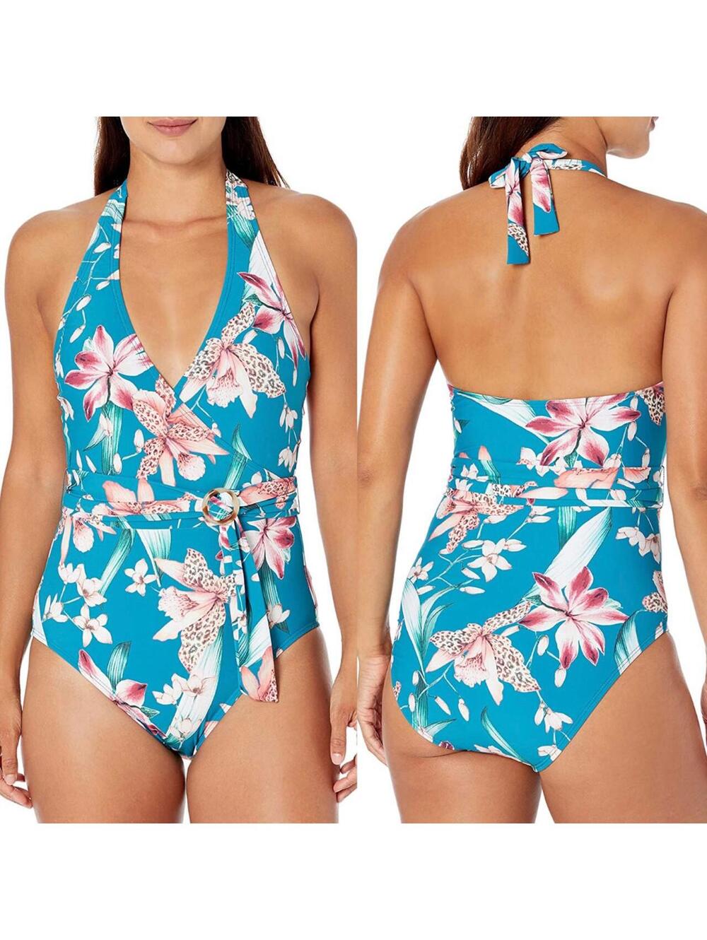 La Blanca Teal Floral Wrap One Piece Halter Tummy Control Swimsuit Size 12